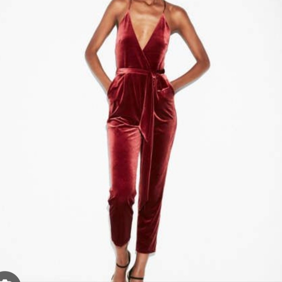 Express Pants - Express Velvet Jumpsuit in Deep Red